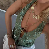 Deep V-Neck Sequin Summer Tops