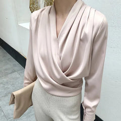 Drape Satin V neck Office Look Blouses