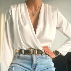 Drape Satin V neck Office Look Blouses