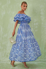 Ruffled off-the-shoulder embroidered dress