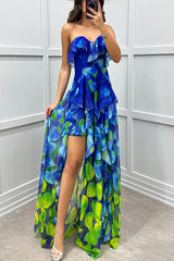 Gradient Unique Print Flowing Layered Ruffles Strapless Slit Maxi Dress