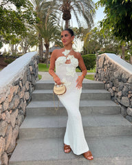 Knit Floral Crochet Halter Fishtail Hem Maxi Dress