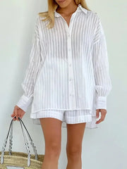 Elastic Waist Shorts and Striped Shirt Set