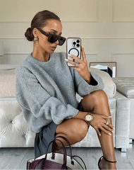 Elegant Grey Round Neck Loose Knit Sweaters