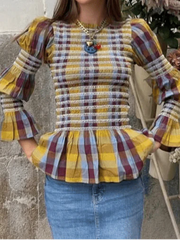 Elegant Plaid Printed Puff Sleeve Blouses