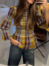 Elegant Plaid Printed Puff Sleeve Blouses