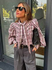 Elegant Plaid Puff Sleeve Tie Neck Blouse