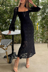 Luxe Lace Square Neck Bell Sleeve Lined Slit Midi Dress