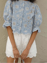 Fashion Blue Print Hollow Out Shirt