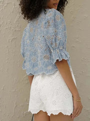 Fashion Blue Print Hollow Out Shirt