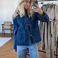 Fashionable Lace-Up Denim Blouse with Pockets