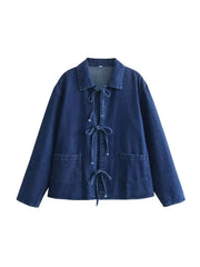 Fashionable Lace-Up Denim Blouse with Pockets