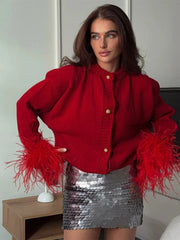 Feather Knitted Patchwork Cardigan for Women