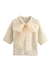 Fluffy Knitted Cardigan with Lace Bow