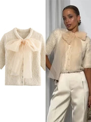 Fluffy Knitted Cardigan with Lace Bow