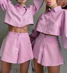 Gingham Lantern Sleeve Tops Short 2 Sets
