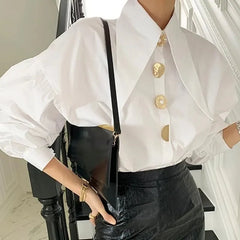 Gold Button Sharp Collar Blouses Tops