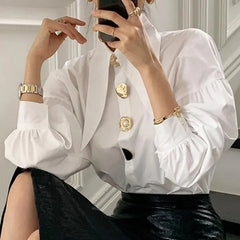 Gold Button Sharp Collar Blouses Tops