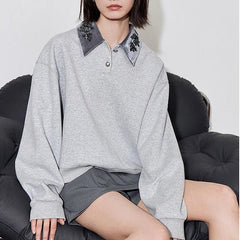 Gray Turn-Down Collar Sweatshirt