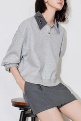 Gray Turn-Down Collar Sweatshirt