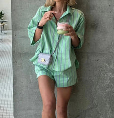 Green Striped Shirt Casual Boxer Shorts 2 Set