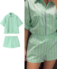 Green Striped Shirt Casual Boxer Shorts 2 Set