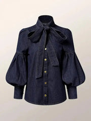 Long Puff Sleeves with Bow High Neck Blouse