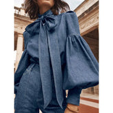 Long Puff Sleeves with Bow High Neck Blouse