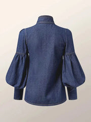Long Puff Sleeves with Bow High Neck Blouse