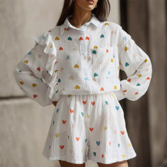 Heart Printed Shirt Short Lounge 2 Piece Outfits