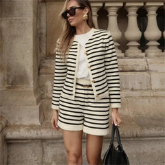 Knit Striped Sweater Jacket and Slim Shorts