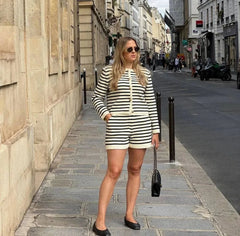 Knit Striped Sweater Jacket and Slim Shorts