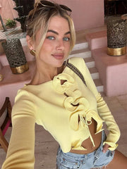 Knit Sweater Lace-Up Long Sleeve Crop Cardigans