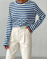 Knitted Stripe Sweater Round Neck Top