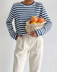 Knitted Stripe Sweater Round Neck Top