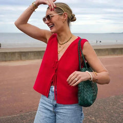 Knitted V-neck Hollow Out Lace-up Vest