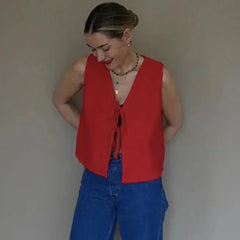 Knitted V-neck Hollow Out Lace-up Vest