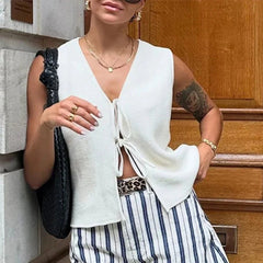 Knitted V-neck Hollow Out Lace-up Vest