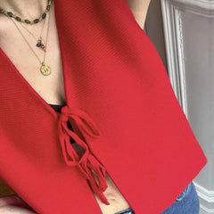 Knitted V-neck Hollow Out Lace-up Vest