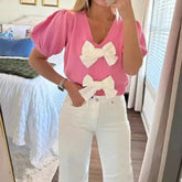 Knitted V-Neck Short Puff Sleeve Shirt