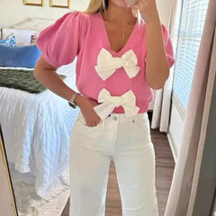 Knitted V-Neck Short Puff Sleeve Shirt