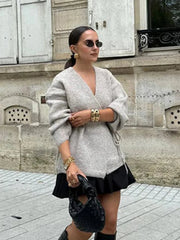 Lace-Up Solid Knit Cardigan