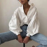 Lantern Sleeve V Neck Plain Shirts