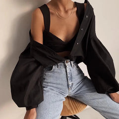 Lantern Sleeve V Neck Plain Shirts
