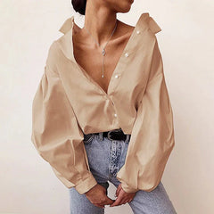 Lantern Sleeve V Neck Plain Shirts
