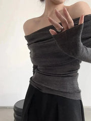 Long Sleeve Knitwear Off the Shoulder Thin Slash Neck Sweater