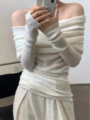 Long Sleeve Knitwear Off the Shoulder Thin Slash Neck Sweater