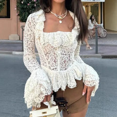 Long Sleeve White Lace Ruffle Top