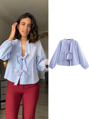 Long Sleeves Lace-Up Striped V-Neck Blouse