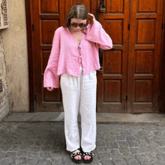 Loose-Fit Lace-Up V-Neck Shirt